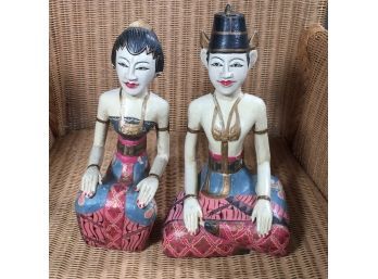 Pair Of Vintage Wooden Folk Art Siamese Figures - All Hand Made And Painted - Nice Details - About 10' Tall