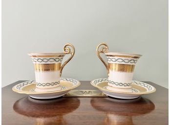 Pair Of Vintage Tiffany & Co Gold Decorated Tea Cups W Saucers