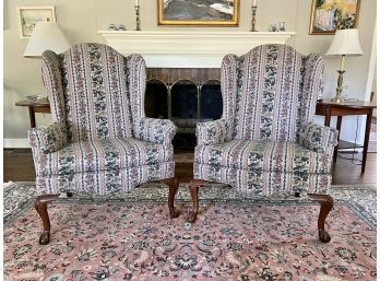 Pair Of Dazzling Ethan Allen Floral Upholstered Wingback Chairs