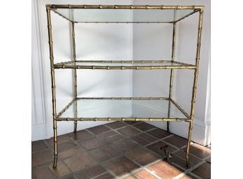 Faux Bamboo Brass  & Glass Bar Table/Etagere - MCM Meets Hollywood Regency