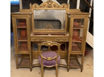 Beautiful Late 1800's Antique Mirror Back Display Etagere Hutch And Vanity With Ornate Gilt Painted Chair