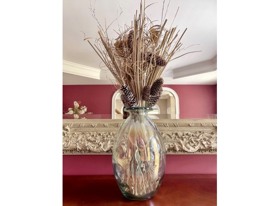 Dried Natural Grasses And Pine Cone Arrangement In Opalescent Vase