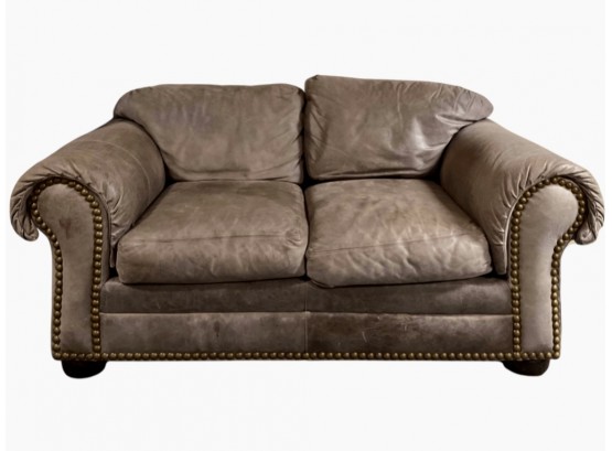 Mocha Leather Roll Arm Loveseat With Brass Nailhead Detail