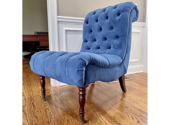 Bright Velvety Soft Blue Button Tufted Slipper Chair With Casters
