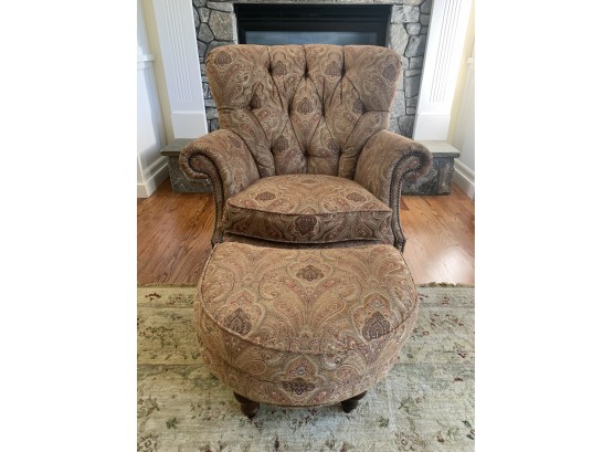 Thomasville Button Tufted Tapestry Wing Chair And Ottoman With Decorative Nail Head Detail