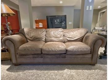 Mocha Leather 3-cushion Roll Arm Sofa With Brass Nailhead Detail