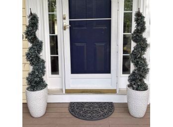 Pair Of White Ceramic Planters With Twisted Topiaries And Decorative Lights