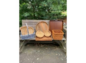 Assorted Wicker And Wood Baskets And Serving Trays