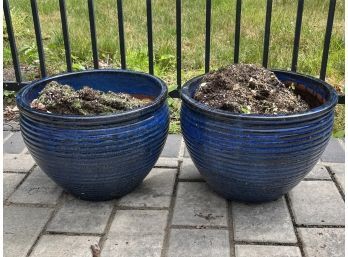 Pair Of Blue Ceramic Indoor/outdoor Planters