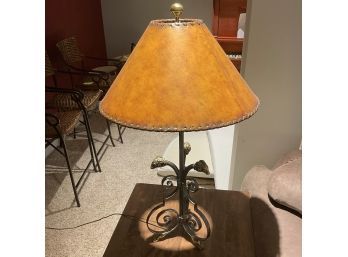 Forged Iron Table Lamp With Brass Ram Head Detail And Stitched Burnished Shade