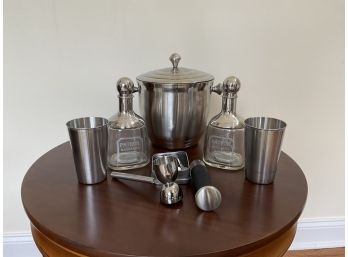 Two Patron Margarita Decanters And Assorted Stainless Steel Barware