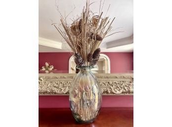Dried Natural Grasses And Pine Cone Arrangement In Opalescent Vase