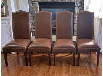 Set Of 4 Mocha Leather Straight Back Dining Chairs