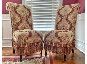 Pair Of Domain Tapestry Rollback Slipper Style Dining Chairs With Silk Tassel Fringe