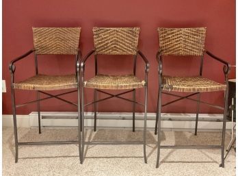 Set Of 3 Woven Rattan And Iron Counter Stools