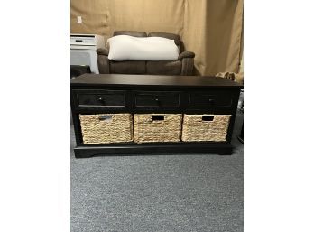 Black Wooden Storage Bench With Three Rattan Baskets