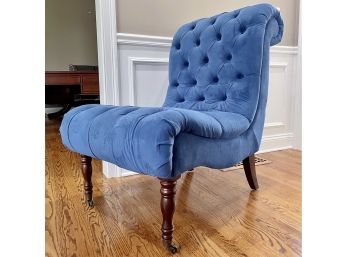 Bright Velvety Soft Blue Button Tufted Slipper Chair With Casters