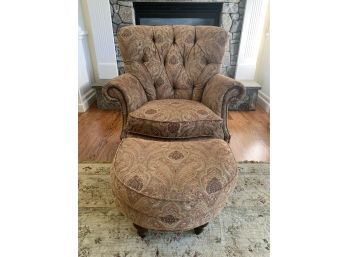 Thomasville Button Tufted Tapestry Wing Chair And Ottoman With Decorative Nail Head Detail