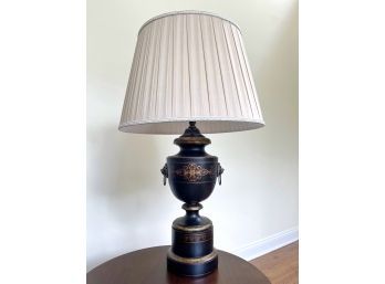 Thomasville Black And Gold Tole Metal Urn Style Lamp With Lion Head Detail