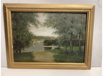 American Impressionist Oil On Board Circa 1910. A Lady With A Parasol Watching A Sailboat On The Pond
