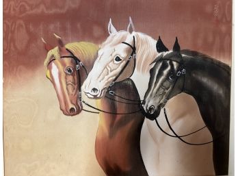 Original Japanese Signed Painting Of Three Horses 17x21