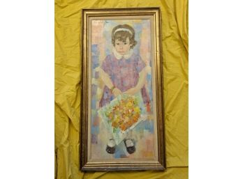Signed Kurt Polter (1914-    ) Mid Century Modern (1963) Young Girl Holding Flowers Oil On Board Painting