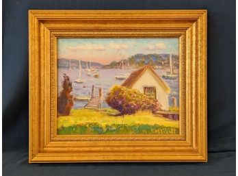 Catherine M. Elliott Simsbury CT Oil On Canvas Painting Of Essex Connecticut With Lyme Art Association Tag