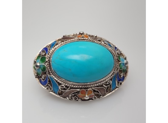 Vintage Sterling Silver Turquoise And Enamel Work Brooch