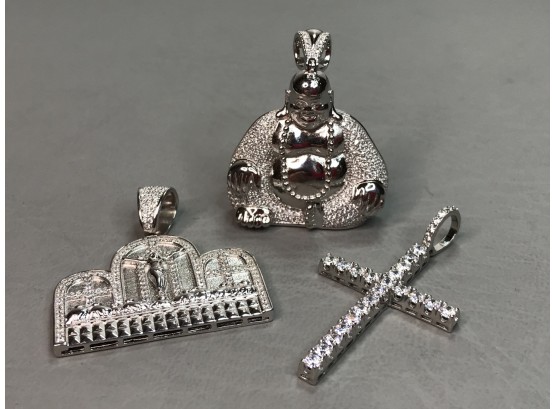 Lot Of Three (3) Sterling Silver / 925 Religous Pendants All Brand New - Cross - Seated Buddha & Shrine