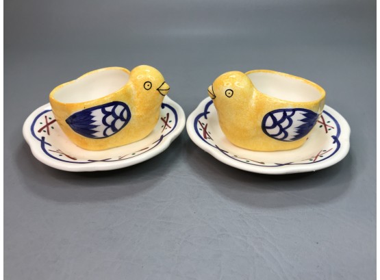 Pair Of Vintage HENRIOT QUIMPER Figural Chick Egg Cups - Ouef Tasse - Made In France - All Handpainted