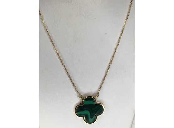 Wonderful All 14K Gold Necklace With Alhambra Of Malachite - In Style Of Van Cleef & Arpels - Amazing Piece !