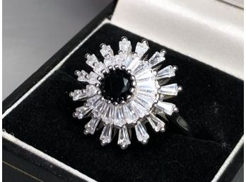 Fantastic Sterling Silver / 925 Sunburst Ring With Onyx And Sparkling Swarovski Crystals - Very Pretty Ring