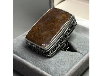 Fabulous Large Sterling Silver / 925 Cocktail Ring With Lovely Filigree Work & High Polished Jasper Stone