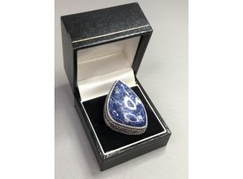 Very Pretty Color Large Sterling Silver / 925 Filigree Cocktail Ring With High Polished Teardrop Blue Sodalite