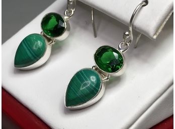 Very Nice 925 / Sterling Silver Earrings With Malachite & Emerald Green Stones - Very Nice Looking Earrings