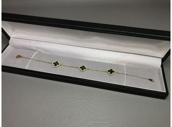 Fantastic Sterling Silver With 14K Gold Overlay Bracelet With Malachite In Style Of VCA / Van Cleef Alhambra