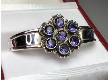Fabulous Antique / Vintage Style Sterling Silver / 925 Cuff Bracelet With Amethysts - Very Pretty Piece