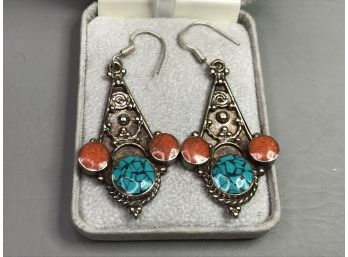 Very Pretty Sterling Silver / 925 Earrings - Handmade In Bali - Beautiful Coral & Turquoise - Very Nice Pair
