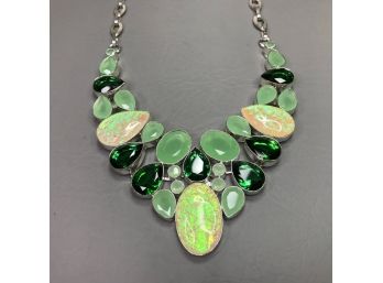 Stunning Sterling Silver / 925 Large Necklace With Green Diopside - Opal & Jadite - Piece Is All Hand Made