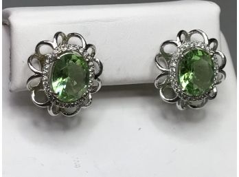Lovely 925 / Sterling Silver Earrings With Green Tourmaline Encircled With White Topaz - Lever Back Earrings
