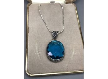 Wonderful Large Sterling Silver / 925 Filigree Pendant With Large Swiss Blue Topaz On 20' Sterling Snake Chain