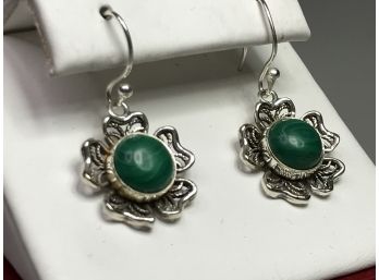 Wonderful Pair Vintage Style Of 925 / Sterling Silver Floral Style Earrings With Malachite - Nice Earrings