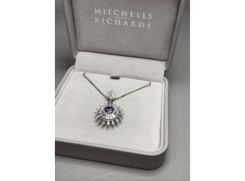 Wonderful Sterling Silver / 925 Sunburst Pendant With Amethyst & White Topaz - 16' Necklace - Made In Italy