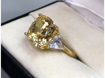 Gorgeous Sterling Silver Ring With 14K Gold Overlay With Intense Center Yellow Topaz Flanked By White Topaz