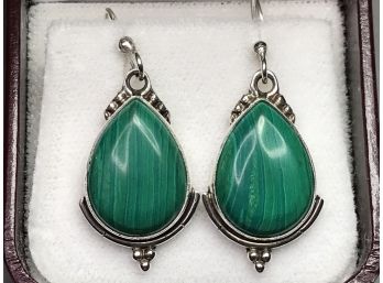 Gorgeous Vintage Style 925 / Sterling Silver Earrings With Polished Teardrop Malachite - Very Nice Earrings