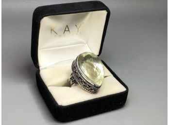 Very Pretty Sterling Silver / 925 Ring - All Hand Done Filigree Work Cocktail Ring With Yellow Quartz