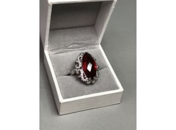 Fabulous Vintage Style Sterling Silver / 925 Cocktail Ring With Large Garnet & White Zircons - Adjustable