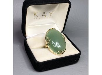 Beautiful Sterling Silver / 925 With 14K Gold Overlay With Large Jade Cabochon - Very Pretty Ring - Wow !