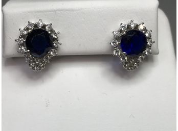 Very Elegant 925 / Sterling Silver With Deep Blue Sapphires - Encircled With White Sapphires - Very Nice !