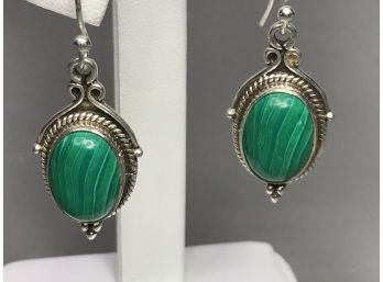 Very Lovely Vintage Style 925 / Sterling Silver & Malachite Earrings - Very Pretty Pair - Wire Backs